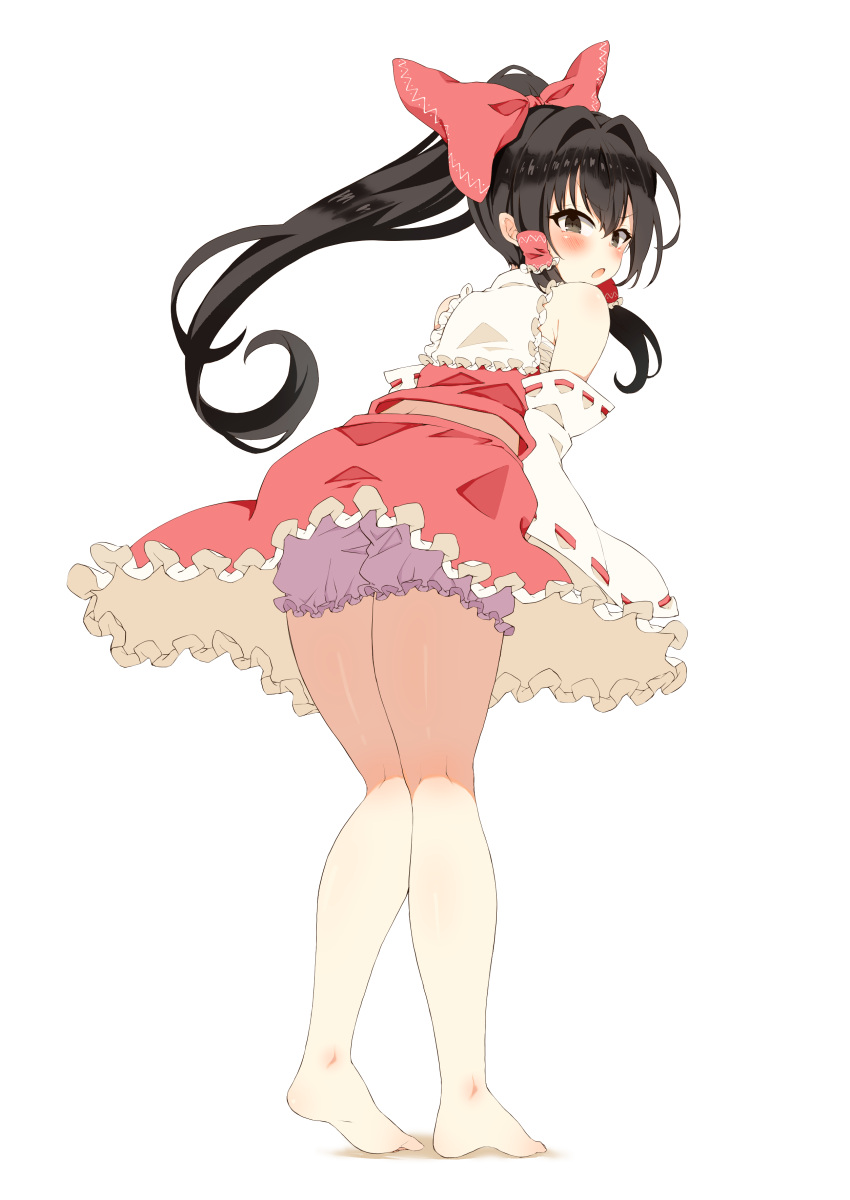 :o absurdres bare_legs barefoot black_eyes black_hair bloomers blush bow clothes_lift commentary_request detached_sleeves female floating_hair frilled_hair_tubes frilled_shirt_collar frilled_skirt frills from_behind frown full_body hair_between_eyes hair_intakes hair_tubes hairbow hakurei_reimu highres huge_bow kneepits leaning_forward long_hair long_sleeves looking_at_viewer looking_back open_mouth ponytail red_bow red_shirt red_skirt ribbon-trimmed_sleeves ribbon_trim seika_okawari shirt sidelocks simple_background skirt skirt_lift sleeveless sleeveless_shirt soles solo standing thighs touhou tsurime v-shaped_eyebrows very_long_hair white_background white_bloomers wide_sleeves