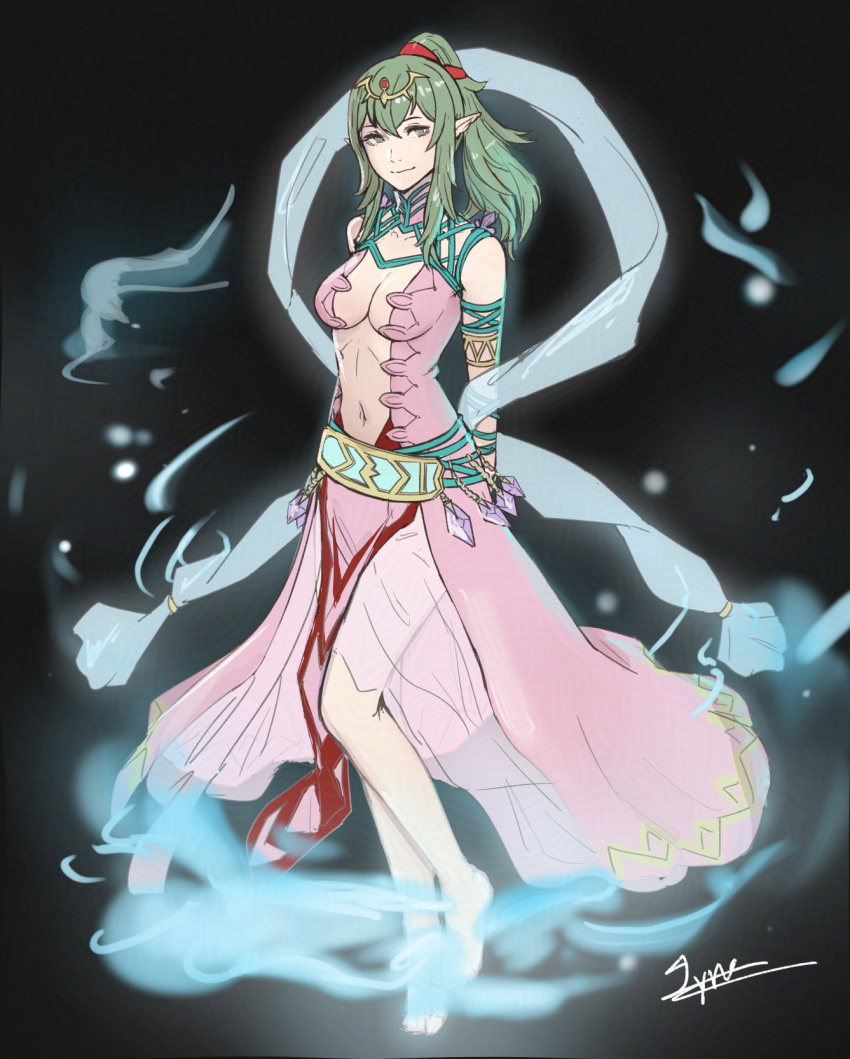 alternate_costume arms_behind_back bare_shoulders barefoot black_background breasts cleavage closed_mouth cm_lynarc cosplay dress female fire_emblem fire_emblem_awakening full_body green_eyes green_hair highres looking_at_viewer naga_(fire_emblem) naga_(fire_emblem)_(cosplay) navel pink_dress pointy_ears ponytail signature smile solo tiara tiki_(adult)_(fire_emblem) tiki_(fire_emblem)