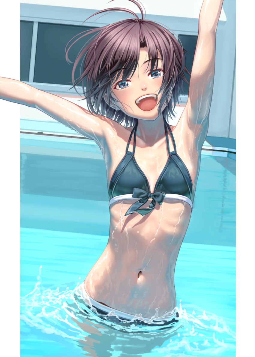 :d \o/ antenna_hair armpits arms_up bare_shoulders bikini black_bikini black_hair blue_eyes blue_hair border breasts brown_hair commentary dutch_angle female floating_hair front-tie_bikini_top front-tie_top highres idolmaster idolmaster_(classic) kikuchi_makoto light_blue_hair loose_hair_strand midriff navel nekopuchi outdoors outside_border outstretched_arms pillarboxed pool ribs ripples small_breasts smile solo splashing standing swimsuit teeth tomboy upper_body upper_teeth_only wading wet white_border white_trim