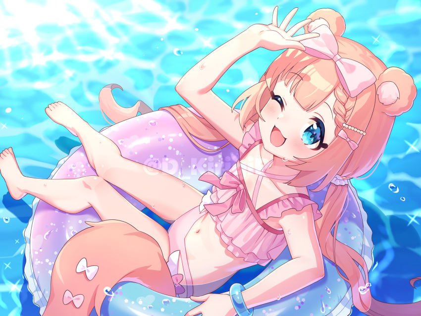 :3 :d absurdres animal_ear_fluff animal_ears arm_up bare_arms barefoot bikini blue_eyes blush borrowed_character bow chromu commission day dot_nose euphoniummatsu facing_ahead female frilled_bikini frills hair_ornament hair_scrunchie hairbow hairclip highres indie_virtual_youtuber long_hair looking_at_viewer low_twintails lying midriff navel open_mouth orange_hair outdoors pink_bikini pink_bow salute scrunchie skeb_commission smile solo spread_fingers swim_ring swimsuit tail tail_bow tail_ornament twintails twitter_username water wet white_scrunchie wristband