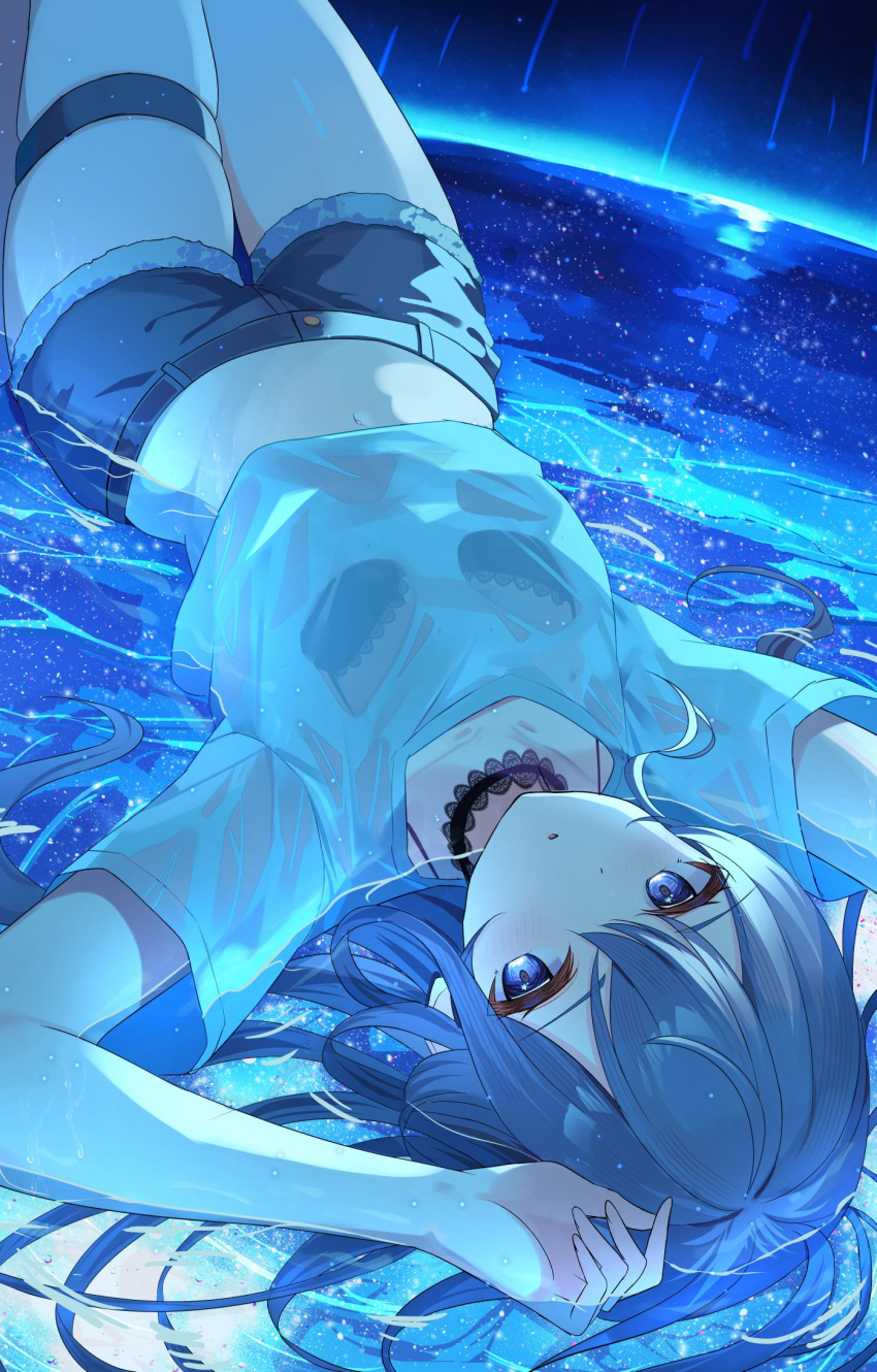 adju_ster black_bra blue_eyes blue_hair blue_shorts blue_theme bra bra_visible_through_clothes cropped_shirt denim denim_shorts female highres hololive hoshimachi_suisei long_hair looking_at_viewer navel see-through see-through_shirt shirt shorts skindentation solo underwear upside-down virtual_youtuber wet white_shirt