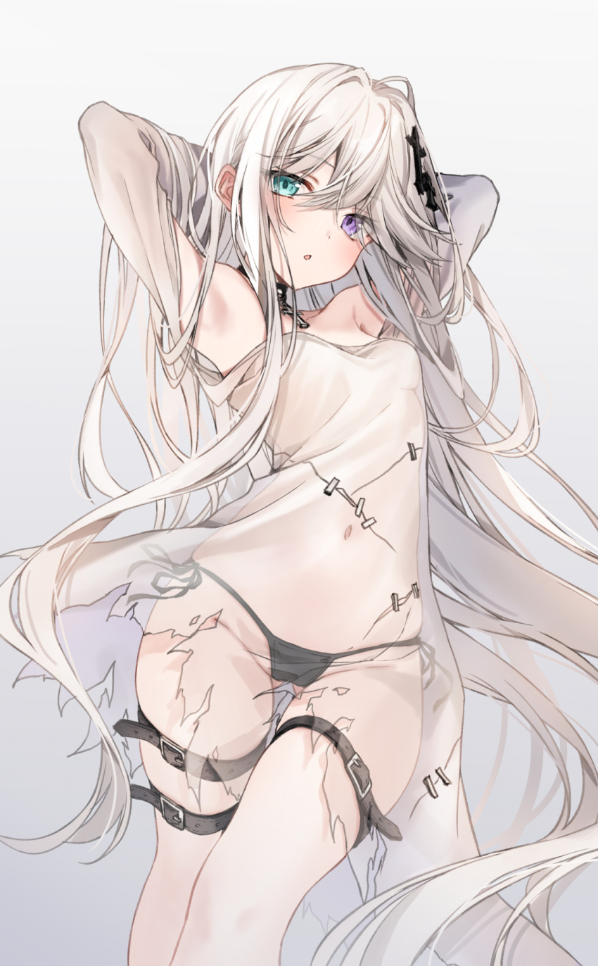 :o aqua_eyes armpits arms_behind_head bare_shoulders belt black_panties breasts cowboy_shot dress feet_out_of_frame female ghost_(kakao_rantan) grey_background hair_between_eyes heterochromia highres kakao_rantan long_hair looking_at_viewer lowleg lowleg_panties original panties panties_day parted_lips purple_eyes see-through see-through_dress side-tie_panties simple_background small_breasts solo standing thigh_belt thigh_strap thighs torn_clothes torn_dress twisted_torso underwear very_long_hair white_hair