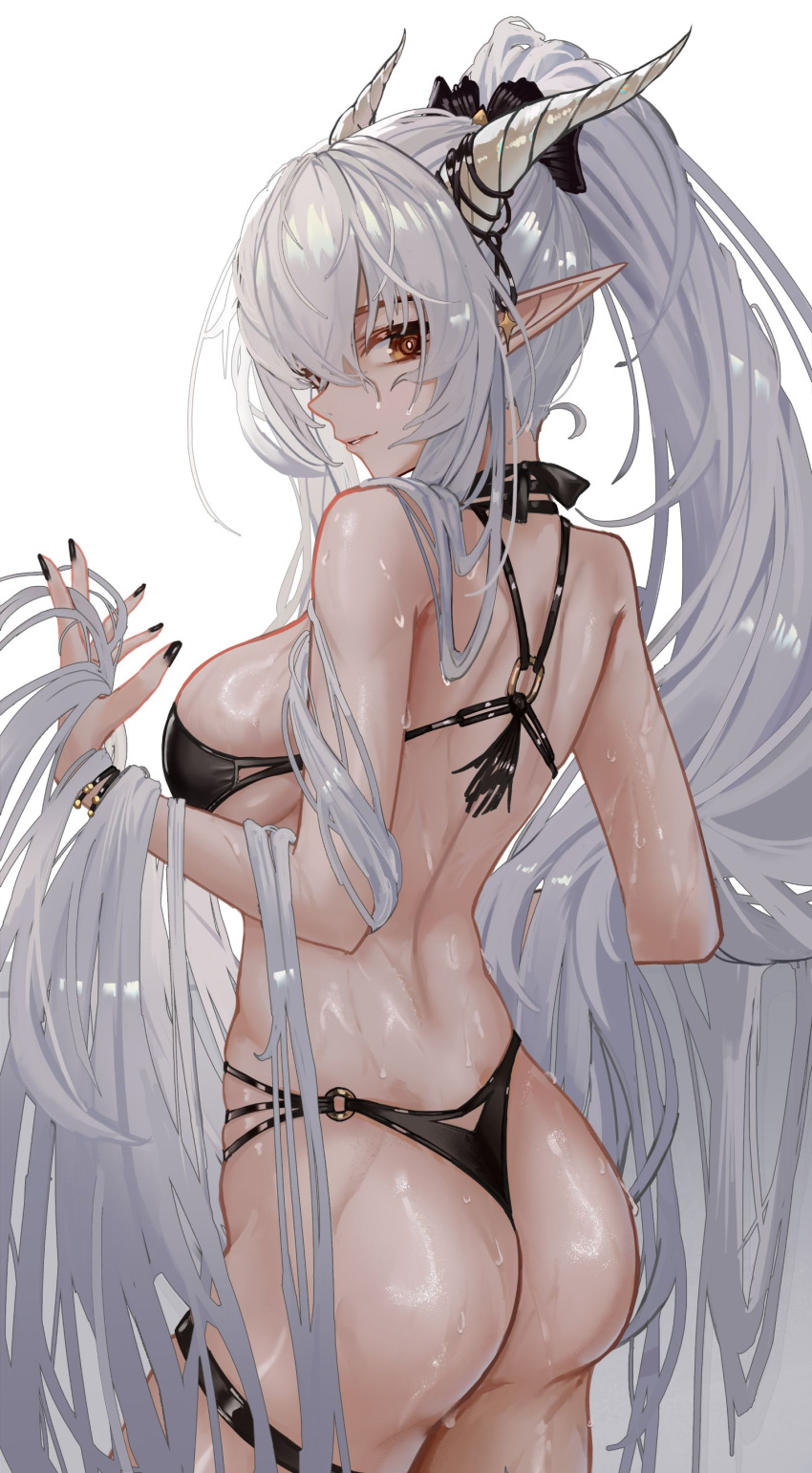 absurdres arknights ass bikini black_bikini black_nails bright_pupils brown_eyes chinese_commentary commentary contrapposto cowboy_shot crossed_bangs dark-skinned_female dark_skin female fingernails from_behind grey_hair hair_between_eyes highres holding holding_own_hair horns jineg long_hair nail_polish o-ring o-ring_bikini parted_lips pointy_ears profile shining_(arknights) simple_background smile solo standing swimsuit very_long_hair wet white_background white_horns white_pupils