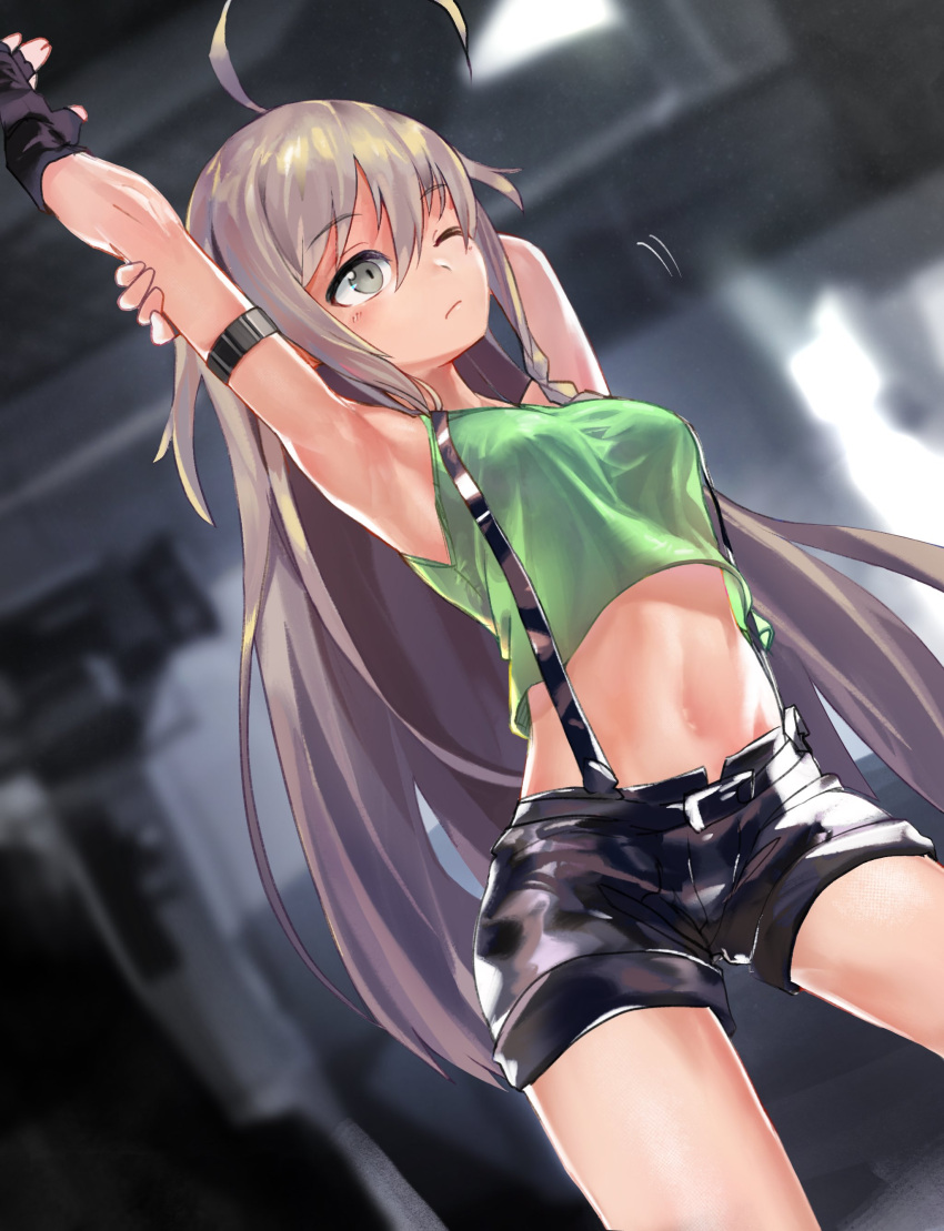 absurdres ahoge armpits arms_up blush breasts crop_top female grey_eyes grey_hair highres hoshi_syoko huge_ahoge idolmaster idolmaster_cinderella_girls long_hair looking_to_the_side medium_breasts navel one_eye_closed short_shorts shorts solo stretching suspender_shorts suspenders takesoboro very_long_hair