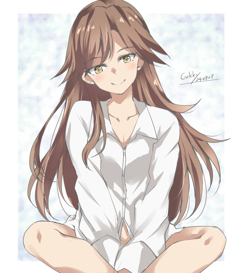 arashio_(kancolle) arashio_kai_ni_(kancolle) artist_name breasts brown_eyes brown_hair covering_crotch covering_privates dated female gakky hands_on_feet highres indian_style kantai_collection long_hair long_sleeves looking_at_viewer shirt sitting small_breasts smile white_background white_shirt