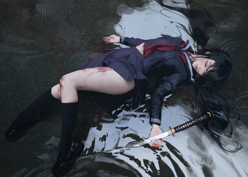 absurdres after_battle black_footwear black_hair black_socks blood blood-c blood_on_face blood_on_leg blood_on_stomach blue_serafuku blue_skirt closed_eyes commentary_request female full_body highres katana kisaragi_saya kneehighs knees_together_feet_apart loafers long_hair long_sleeves lying lying_on_water making-of_available midriff neckerchief on_back parted_lips pleated_skirt red_neckerchief ripples sailor_collar sailor_shirt school_uniform serafuku shirt shoes signature skirt socks solo sword thighs torn_clothes torn_shirt water weapon wet wet_clothes xu_youdian