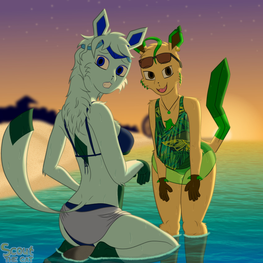 absurd_res anthro beach beach_background bikini blue_body blue_clothing blue_eyes blue_fur blue_hair bottomwear breasts brown_eyes clothing duo ear_piercing ear_ring eeveelution eyeliner eyewear female fur generation_4_pokemon glaceon green_body green_clothing green_fur hair hi_res jewelry leafeon lisa_devellis makeup marissa_reinhart necklace nintendo one-piece_swimsuit pattern_clothing piercing pokemon pokemon_(species) ring_piercing rock scoutthecat02 sea skirt small_breasts smile sunglasses sunset swimwear tan_body tan_fur thick_thighs towel towel_wrap two-piece_swimsuit water worried_look