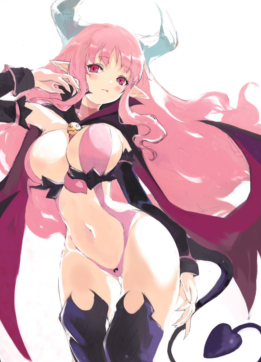 bat_wings black_cloak blush breasts cloak demon_girl demon_tail demon_wings disgaea eyelashes female highres horns kakuwashi large_breasts licking_lips long_hair makai_senki_disgaea makai_senki_disgaea_3 narrow_waist navel pink_eyes pink_hair pointy_ears solo standing succubus_(disgaea) tail thighhighs thighs tongue tongue_out very_long_hair white_background wide_hips wings