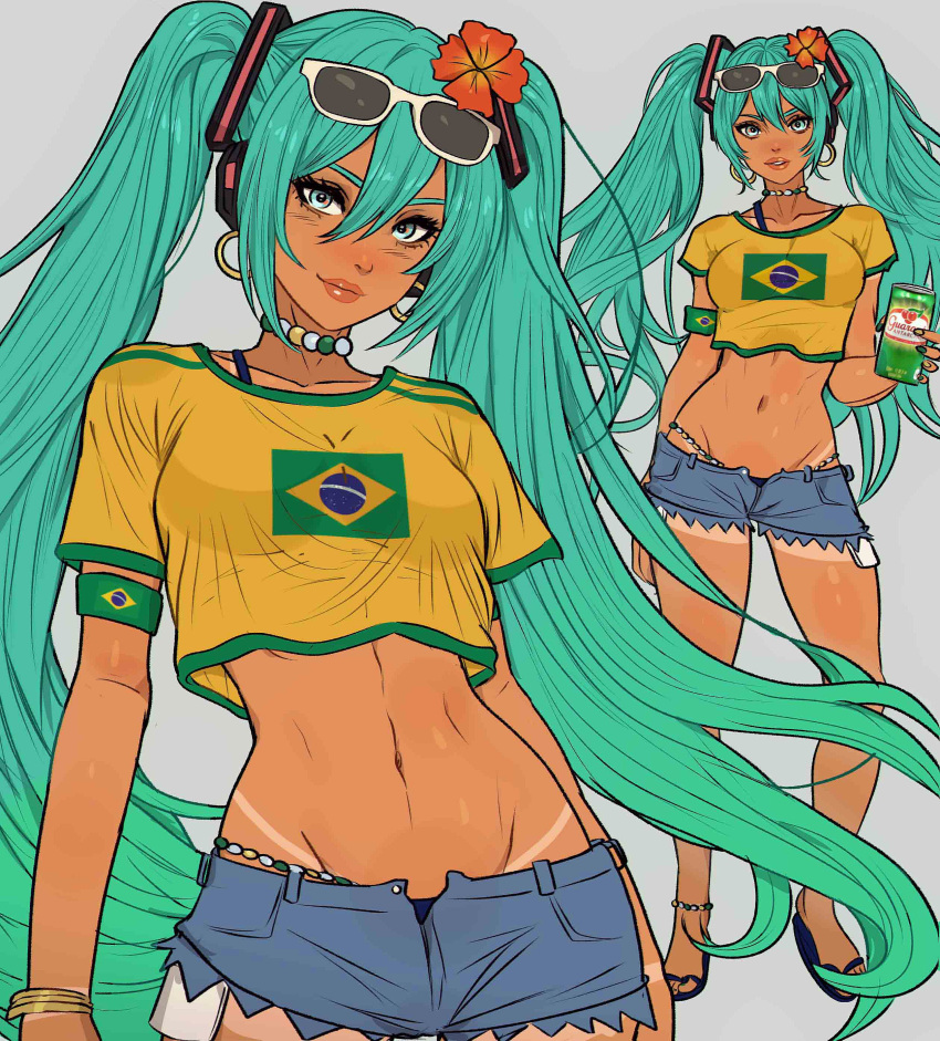 abs absurdres bad_id bad_twitter_id bead_anklet bead_necklace beads brazil brazilian_miku flower glasses green_eyes green_hair hair_flower hair_ornament hatsune_miku highres jewelry necklace pearl_thong shirt short_shorts shorts slippers soda tan tanlines vocaloid yellow_shirt yoracrab