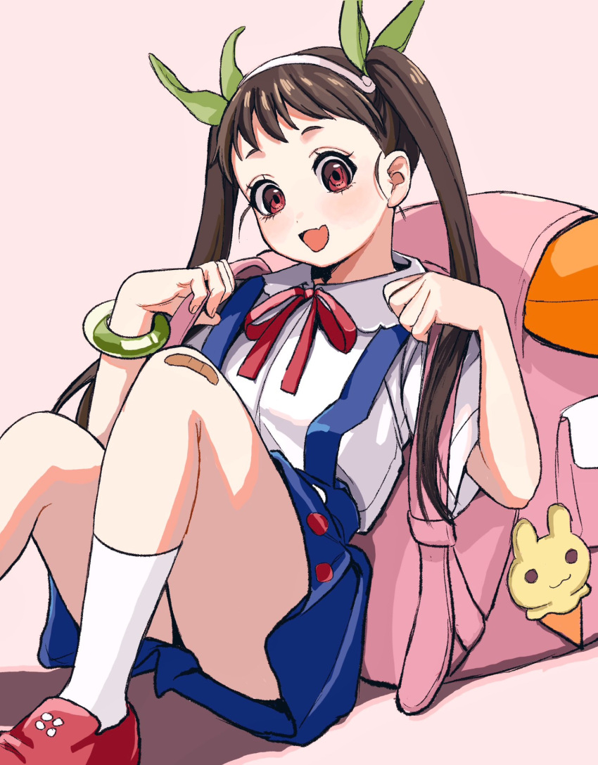 backpack bag bandaid bandaid_on_knee bandaid_on_leg blue_skirt bracelet brown_hair collared_shirt female green_bracelet green_ribbons hachikuji_mayoi hair_ribbon highres jewelry jyww5335 long_hair monogatari_(series) neck_ribbon oerba_yun_fang open_mouth randoseru red_eyes red_footwear red_ribbon ribbon shirt shoes short_sleeves simple_background sitting skin_fang skirt smile socks solo suspender_skirt suspenders twintails white_shirt white_socks