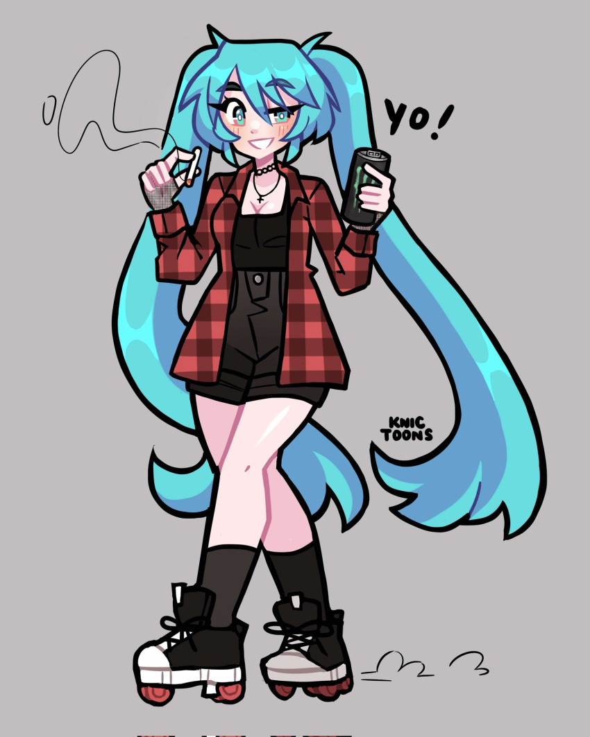 aqua_eyes aqua_hair artist_name black_footwear black_shorts black_socks blush breasts can cigarette cleavage corrupted_twitter_file cross cross_necklace female flannel grey_background hatsune_miku highres holding holding_can holding_cigarette jewelry knic_toons long_hair long_sleeves looking_at_viewer monster_energy necklace parted_lips plaid_clothes plaid_shirt red_shirt roller_skates shirt shorts simple_background skates smile socks solo very_long_hair vocaloid