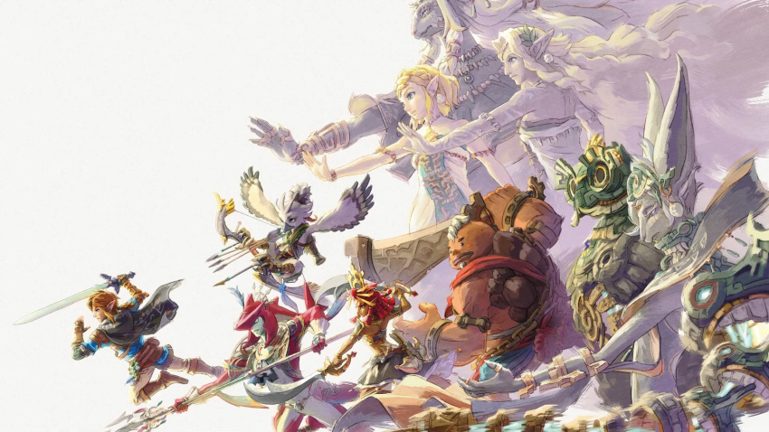 4girls 5boys arrow_(projectile) blonde_hair bow_(weapon) cloak dual_wielding goron highres holding holding_trident link long_hair master_sword mineru_(zelda) multiple_boys multiple_girls official_art outstretched_arm pointy_ears polearm princess_zelda rauru_(tears_of_the_kingdom) red_hair riju rito scimitar sidon sonia_(zelda) sword the_legend_of_zelda the_legend_of_zelda:_tears_of_the_kingdom third-party_source trident tulin_(zelda) very_long_hair weapon winged_arms wings yunobo zonai zora