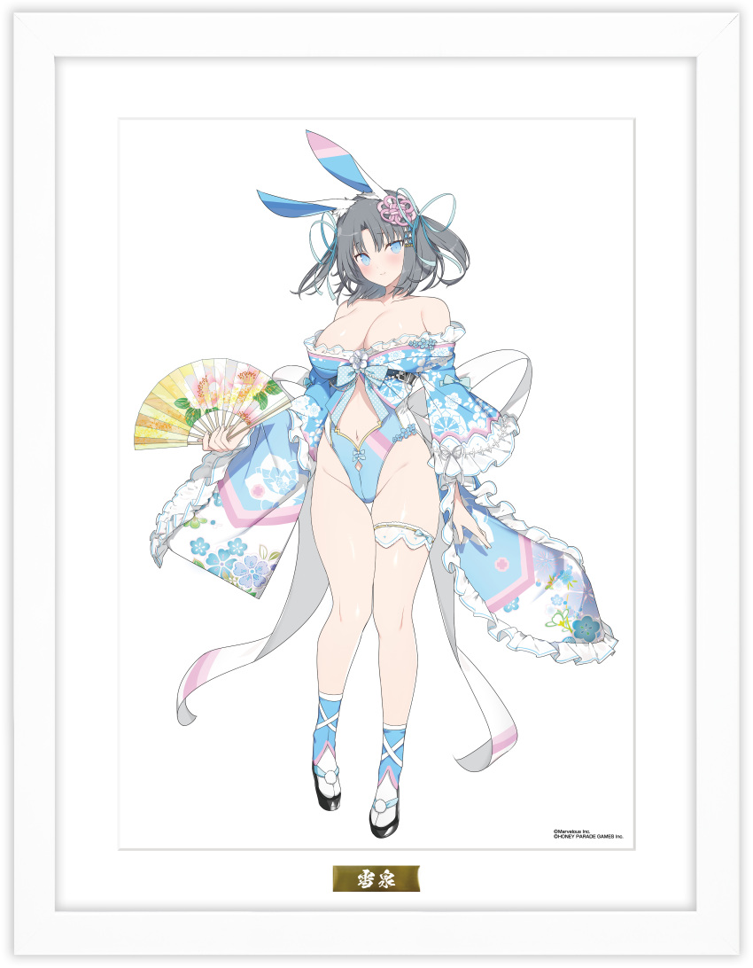 absurdres animal_ears bare_shoulders blue_bow blue_eyes blue_flower blue_leotard blue_ribbon blush bow breasts cleavage clothing_cutout collarbone copyright_name female floral_print_kimono floral_print_paper_fan flower folding_fan frilled_kimono frills full_body grey_hair groin hair_ornament hair_ribbon hand_fan highres holding holding_fan japanese_clothes kimono large_breasts leotard looking_at_viewer low_neckline marvelous navel navel_cutout no_bra official_alternate_costume official_alternate_hairstyle official_art okobo paper_fan polka_dot polka_dot_bow pom_pom_(clothes) rabbit_ears rabbit_girl revealing_clothes ribbon sandals senran_kagura senran_kagura_new_link senran_kagura_shinovi_versus shiny_skin short_hair smile solo standing tabi thigh_bow thigh_gap translation_request white_bridal_garter white_flower wide_sleeves yaegashi_nan yumi_(senran_kagura)