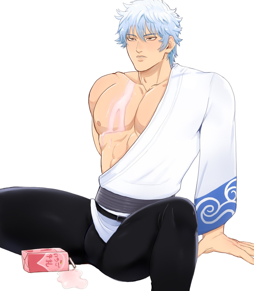 bara bolloxxxz bulge gintama gintoki_sakata hadanugi_dousa kimono leaning_back light_blue_hair male male_only milk milk_carton muscles muscular muscular_male nipple_peek off_shoulder pecs silver_hair sitting solo spilled_drink spread_legs strawberry_milk white_hair