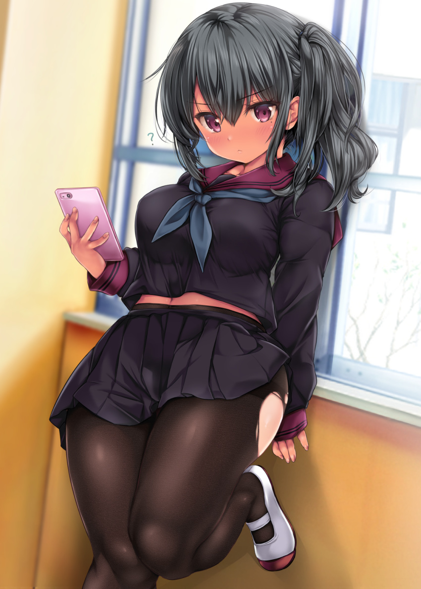 ? against_wall black_pantyhose black_serafuku black_skirt breasts cellphone check_commentary closed_mouth commentary commentary_request female hair_between_eyes highres holding holding_phone large_breasts long_sleeves looking_at_viewer midriff mole mole_under_eye navel nijimoto_hirok original pantyhose phone pink_eyes school_uniform serafuku shoes short_hair side_ponytail skirt solo standing standing_on_one_leg thighs torn_clothes torn_pantyhose white_footwear window