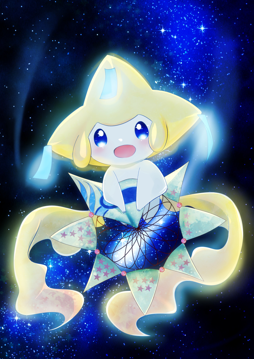 absurdres commentary_request highres jirachi kazekuzira looking_at_viewer no_humans open_mouth pokemon pokemon:_jirachi:_wish_maker pokemon_(anime) pokemon_(creature) pokemon_rse_(anime) sky smile solo space star_(sky) star_(symbol) starry_sky tanabata