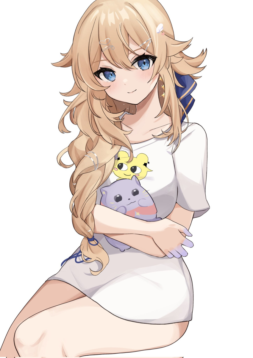 blonde_hair blue_eyes blue_ribbon braid breasts collarbone crossed_arms earrings etoria female hair_ornament hair_ribbon highres jewelry kaneko_lumi long_hair no_pants phase_connect ribbon second-party_source shirt single_braid sitting solo virtual_youtuber white_shirt