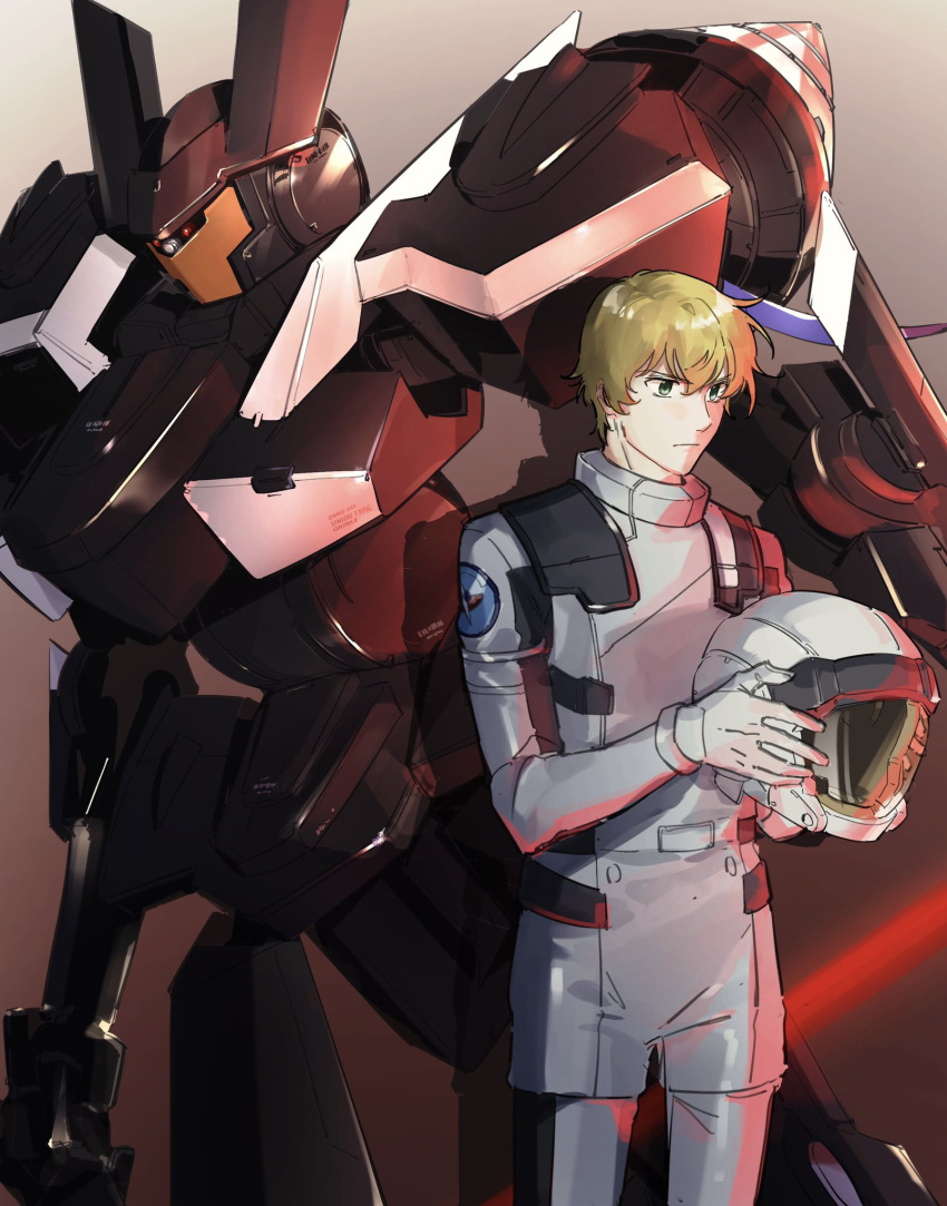 1boy assault_visor bad_id bad_twitter_id blonde_hair blue_eyes brave_commander_test_type graham_aker gundam gundam_00 helmet highres holding holding_helmet leaning_forward male_focus mecha mobile_suit nanao_parakeet normal_suit pilot_suit robot science_fiction unworn_headwear unworn_helmet