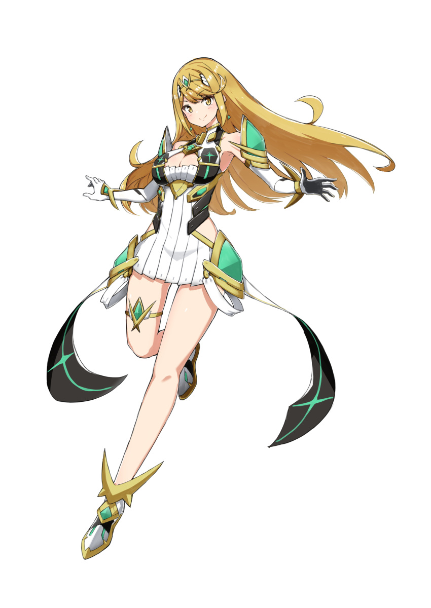 absurdres aotsuba bare_legs bare_shoulders blonde_hair breasts chest_jewel cleavage cleavage_cutout clothing_cutout dress earrings elbow_gloves full_body gloves highres jewelry large_breasts long_hair mythra_(xenoblade) short_dress swept_bangs thigh_strap tiara very_long_hair white_dress white_footwear white_gloves xenoblade_chronicles_(series) xenoblade_chronicles_2 yellow_eyes