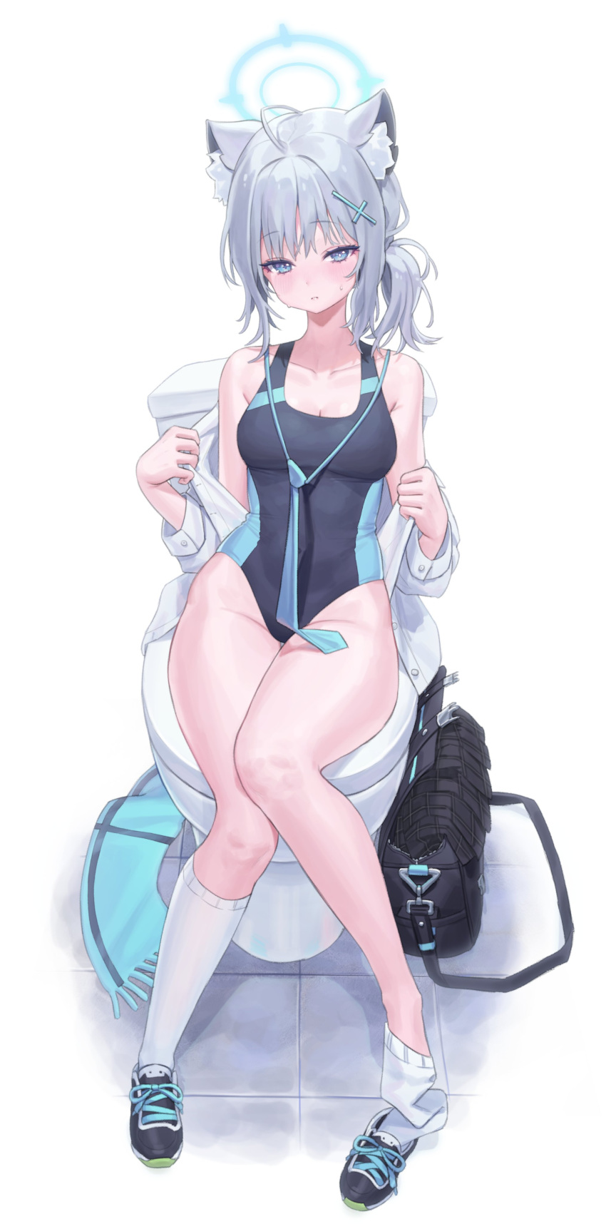 absurdres animal_ear_fluff animal_ears blue_archive blush breasts cleavage clothes_pull collarbone competition_swimsuit female full_body grey_hair groin halo highres jitome looking_at_viewer medium_breasts official_alternate_costume one-piece_swimsuit open_clothes open_shirt p00nipooni scarf school_uniform shiroko_(blue_archive) shiroko_(swimsuit)_(blue_archive) shirt shirt_pull shoes side_ponytail simple_background sitting sneakers sock_pull solo sweatdrop swimsuit tile_floor tiles toilet_seat unworn_scarf white_shirt wolf_ears