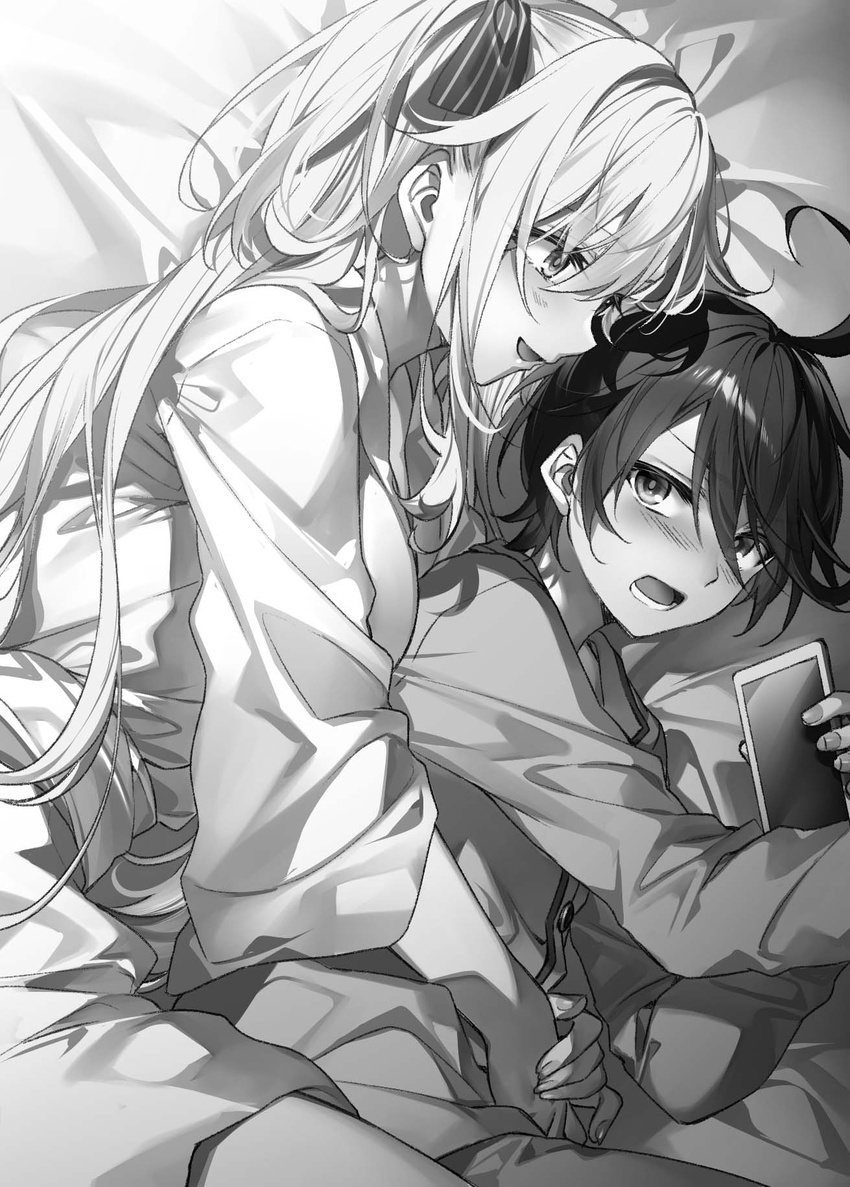 1boy ahoge blush cellphone female from_side greyscale hair_ribbon highres holding holding_phone hug hug_from_behind leonis_death_magnus long_hair looking_at_another looking_back lying monochrome novel_illustration official_art on_side open_mouth pajamas phone pinstripe_ribbon profile regina_mercedes ribbon seiken_gakuin_no_maken_tsukai sidelocks smartphone smile toosaka_asagi very_long_hair