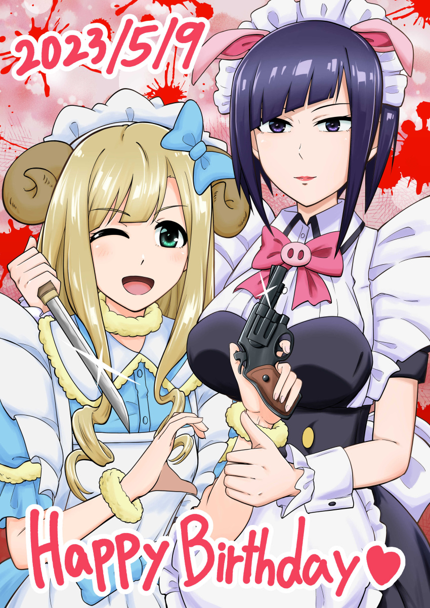 2girls ;d absurdres akiba_maid_sensou animal_ears apron birthday_connection black_dress black_hair blonde_hair blood blood_splatter blue_bow blue_dress bow dated diagonal_bangs dress fake_animal_ears glint green_eyes gun hairbow happy_birthday heart_hands_failure highres holding holding_gun holding_knife holding_weapon horns kaoruko_(akiba_maid_sensou) knife long_hair looking_at_viewer maid maid_apron mannen_ranko multiple_girls one_eye_closed pig_ears pink_bow sheep_horns short_hair smile weapon wrist_cuffs yata_no_yu yellow_bracelet