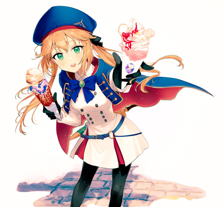 absurdres artoria_caster_(fate) artoria_caster_(second_ascension)_(fate) artoria_pendragon_(fate) belt black_gloves black_pantyhose black_ribbon blonde_hair blue_bow blue_bowtie blue_cape blue_hat bow bowtie buttons cape collared_dress commentary_request dress fate/grand_order fate_(series) female food gloves green_eyes hair_between_eyes hair_ribbon hat highres holding holding_food ice_cream ice_cream_cone long_hair long_sleeves looking_at_viewer open_mouth pantyhose ribbon rizu033 sheath sheathed sidelocks solo teeth twintails upper_teeth_only weapon white_dress