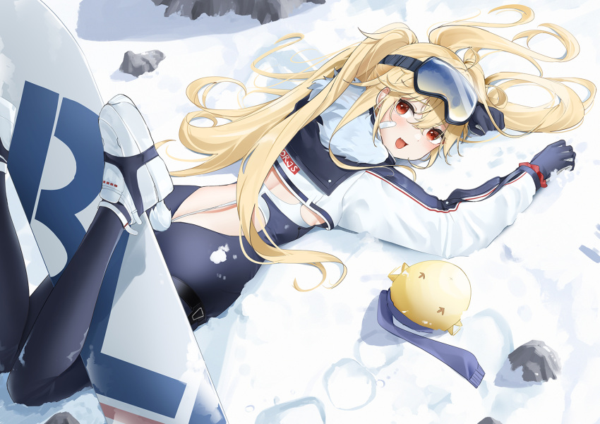 :d azur_lane bandaid bandaid_on_face black_bodysuit black_gloves blonde_hair bluecher_(azur_lane) bluecher_(high-altitude_head_over_heels)_(azur_lane) bodysuit cropped_jacket fake_tail feet_up female from_above fur_trim gloves goggles goggles_on_head jacket long_hair long_sleeves looking_at_viewer looking_back lying manjuu_(azur_lane) median_furrow multicolored_clothes multicolored_jacket oerba_yun_fang official_alternate_costume on_stomach outdoors qing_wu rabbit_tail red_eyes smile snow snowboard solo tail twintails white_footwear white_jacket