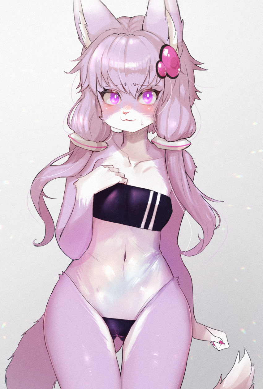 absurdres animal_ear_fluff animal_ears ass_visible_through_thighs body_fur commentary female fox_ears fox_girl fox_tail furrification furry furry_female gris_swimsuit hair_ornament hand_on_own_chest highres long_hair meme_attire navel one-piece_swimsuit onikuman pink_eyes purple_hair see-through solo swimsuit tail thigh_gap thighs voiceroid yuzuki_yukari