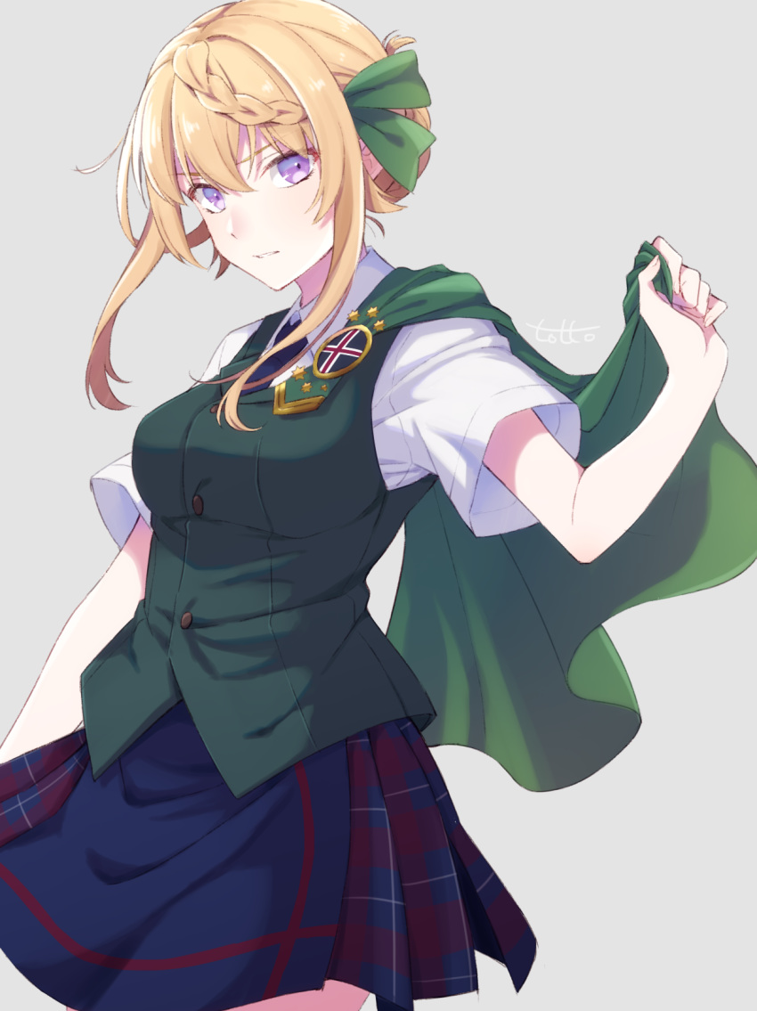 badge blonde_hair blue_necktie blue_skirt braid braided_bangs braided_bun cape commentary_request female green_cape green_ribbons green_vest grey_background hair_bun hair_ribbon highres icelandic_flag kantai_collection necktie perth_(kancolle) plaid plaid_skirt pleated_skirt purple_eyes ribbon school_uniform shirt short_hair short_sleeves sidelocks simple_background single_hair_bun skirt solo totto_(naka) vest white_shirt