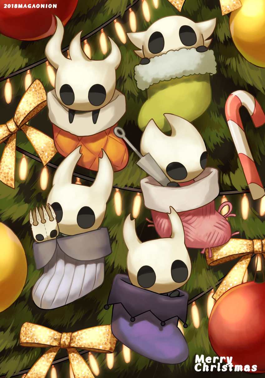 4others absurdres aged_down artist_name broken_vessel_(hollow_knight) candy candy_cane christmas christmas_lights christmas_ornaments christmas_stocking christmas_tree commentary_request female food fur_trim greenpath_vessel_(hollow_knight) highres holding holding_weapon hollow_eyes hollow_knight hollow_knight_(character) hornet_(hollow_knight) horns knight_(hollow_knight) looking_at_viewer maga_(comicfans100) merry_christmas multiple_others needle_(hollow_knight) no_humans pale_king_(hollow_knight) peeking_out ribbon sitting stuffed_toy weapon