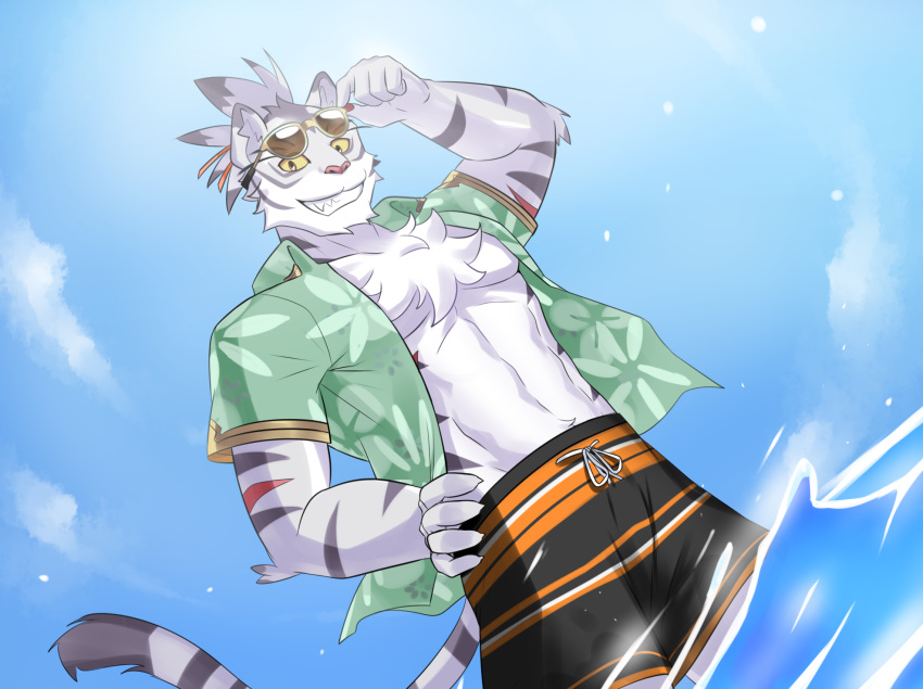 2021 anthro bottomwear clothing cloud cygames domestic_cat e_convenient eyewear felid feline felis hi_res male mammal nimbus_(world_flipper) shorts sky smile solo summer sunglasses swimming_trunks swimwear teeth water world_flipper