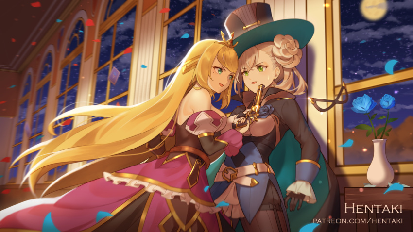 2girls :d artist_name bare_shoulders bella_(dragalia_lost) belt belt_buckle black_gloves black_headwear black_shorts blonde_hair blue_flower blue_rose blurry blurry_background breasts brown_legwear buckle chelle_(dragalia_lost) commentary depth_of_field detached_sleeves double_bun dragalia_lost dress english_commentary flower full_moon gloves green_eyes gun hair_bun handgun hat hentaki holding holding_gun holding_weapon indoors juliet_sleeves long_hair long_sleeves medium_breasts moon multiple_girls night open_mouth pantyhose pantyhose_under_shorts petals puffy_sleeves purple_dress revolver rose rose_petals short_shorts shorts sleeves_past_wrists smile strapless strapless_dress sweat tiara v-shaped_eyebrows vase very_long_hair watermark weapon web_address white_belt window