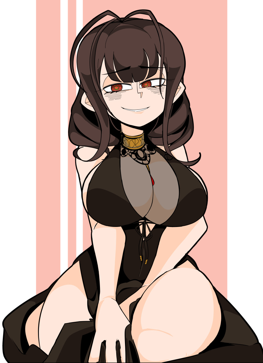 absurdres ahoge blush breasts brown_hair cleavage curly_hair dress dsr-50_(girls'_frontline) dsr-50_(highest_bid)_(girls'_frontline) female girls'_frontline highres jewelry large_breasts long_hair looking_at_viewer necklace open_mouth orange_eyes see-through see-through_cleavage smile thick_thighs thighs tight_clothes two_handy