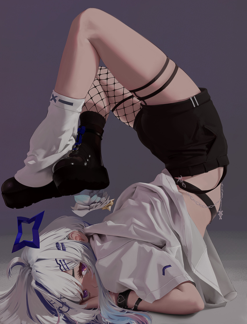 amane_kanata amane_kanata_(punk_rock) ankle_boots ankle_socks asymmetrical_legwear blue_hair boots casual female fishnet_pantyhose fishnets grey_hair hair_ornament hairclip halo highres hololive leg_warmers midriff mismatched_legwear multicolored_hair pantyhose purple_eyes scorpion_pose shirt short_hair_with_long_locks shorts single_fishnet_legwear single_leg_pantyhose single_leg_warmer single_sock socks socks_over_pantyhose solo star_halo streaked_hair t-shirt toraifu upside-down virtual_youtuber white_leg_warmers white_shirt