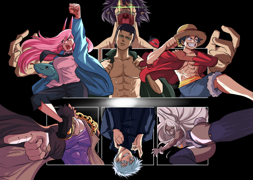 2girls 4boys abs animal_ears arm_up bare_arms bare_pectorals bare_shoulders black_background black_clover black_eyes black_hair boku_no_hero_academia brown_hair chains chainsaw_man clenched_hand closed_mouth coat crescent_print cross-shaped_pupils crossover dark-skinned_female dark_skin demon_girl demon_horns eren_yeager fish floating_hair foot_on_head fur-trimmed_shorts fur_collar fur_trim gakuran glowing glowing_eyes gojou_satoru green_eyes grey_eyes grey_hair grin half-closed_eyes hat head_tilt highres horns jojo_no_kimyou_na_bouken jujutsu_kaisen kicking kujo_jotaro leotard long_hair long_sleeves looking_at_viewer looking_to_the_side mirko monkey_d._luffy multiple_boys multiple_crossover multiple_drawing_challenge multiple_girls muscular muscular_male necktie nero_(black_clover) oerba_yun_fang one_piece open_clothes open_mouth outstretched_arm pants pectorals pink_eyes pink_hair pointing power_(chainsaw_man) rabbit_ears rabbit_girl rabbit_tail raised_fist red_eyes red_horns rogue_titan scar school_uniform sharp_teeth shingeki_no_kyojin shirt shoes short_hair shorts simple_background six_fanarts_challenge smile stardust_crusaders straw_hat superhero_costume symbol-shaped_pupils tail taut_leotard teeth tina_fate titan_(shingeki_no_kyojin) upside-down v-shaped_eyebrows