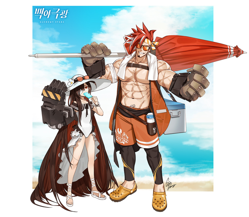 1boy abs ahoge alchemy_stars bandage_over_one_eye bandages bangs black_hair colored_inner_hair commentary_request eve_(alchemy_stars) facial_hair female gomtang headband large_pectorals long_hair looking_at_viewer mechanical_arms multicolored_hair open_mouth pectorals red_eyes red_hair single_mechanical_arm sinsa_(alchemy_stars) smile very_long_hair white_hair