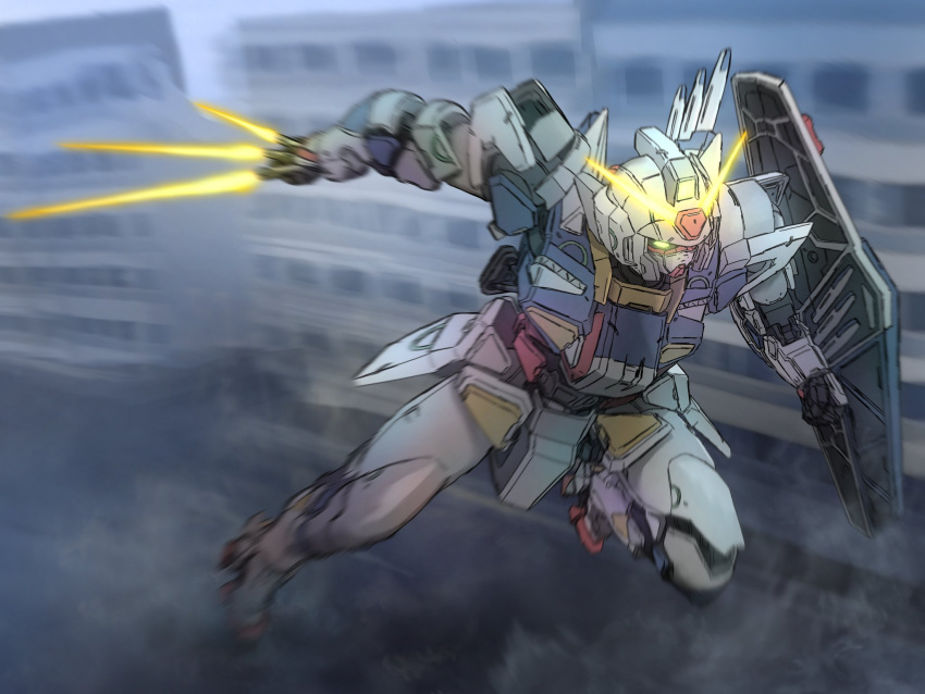 beam_saber beginning_gundam between_fingers charging_forward glowing glowing_eye grey_background gundam gunpla_builders_beginning_g highres holding mecha mecha_kaku_man motion_blur no_humans robot science_fiction shield v-fin