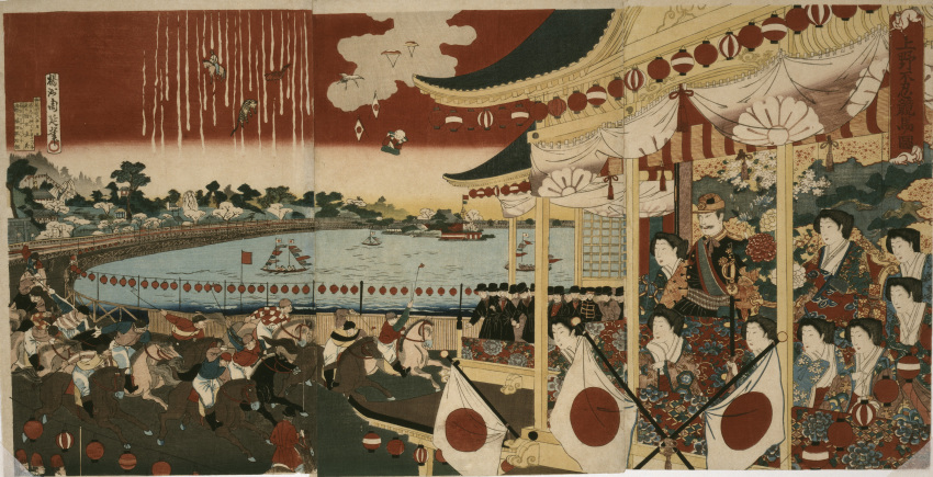 absurdres architecture cloud cropped east_asian_architecture fine_art hashimoto_chickanobu highres horse_racing horse_racing_track horseback_riding japanese_clothes japanese_flag lake multiple_boys multiple_girls nihonga original red_sky riding sky tiger tree ukiyo-e watercraft