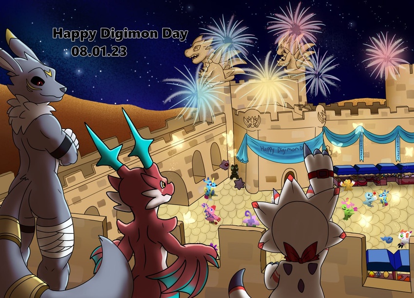 ari_the_dracomon bandai_namco canid canine chicostyx city digimon digimon_(species) digimon_day_2023 dracomon fakemon fireworks fox gammamon magi_the_kitsumon mammal night nude wynn_the_gammamon