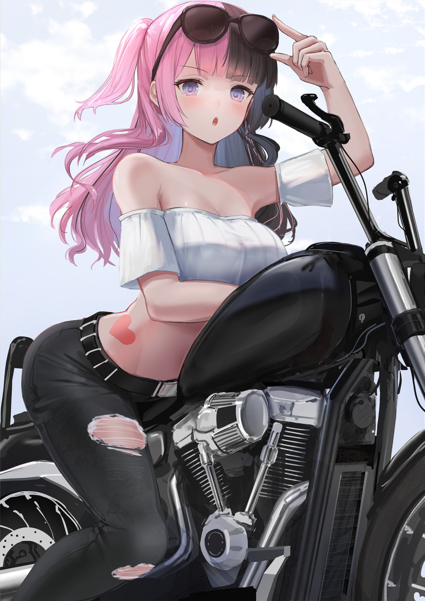 :o arched_back bandeau bare_shoulders belt black_belt black_hair black_pants blue_eyes blunt_bangs breasts crop_top detached_sleeves eyewear_on_head female heart highres iris_black_games large_breasts long_hair looking_at_viewer midriff motor_vehicle motorcycle multicolored_hair pants pink_hair ribbed_bandeau simple_background solo split-color_hair sthk straddling strapless sunglasses tachibana_hinano_(vtuber) torn_clothes tube_top two-tone_hair two_side_up virtual_youtuber vspo! white_background white_bandeau