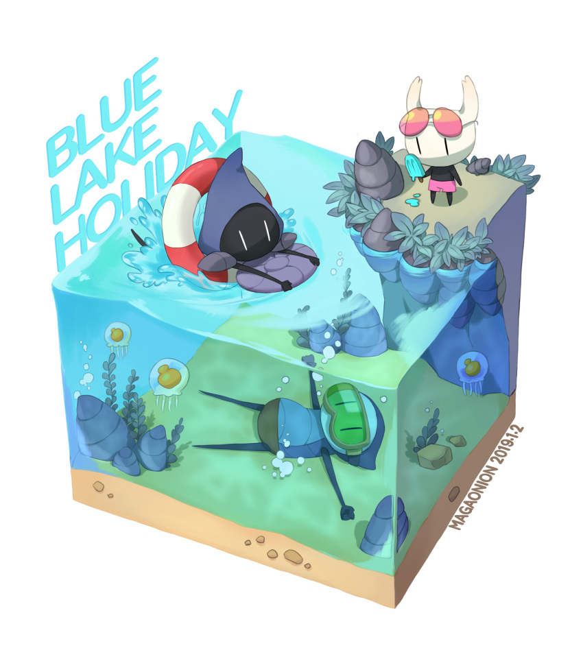 1other 2boys absurdres air_bubble armor artist_name bubble dated diorama dripping eating eyewear_on_head food goggles highres holding holding_food hollow_knight hood ice_cream jellyfish knight_(hollow_knight) leaf lifebuoy looking_at_another lying maga_(comicfans100) male_swimwear melting multiple_boys on_back popsicle quirrel rock sand shield shorts shoulder_armor splashing submerged sunglasses swim_ring swim_trunks swimming tiso topless_male underwater water