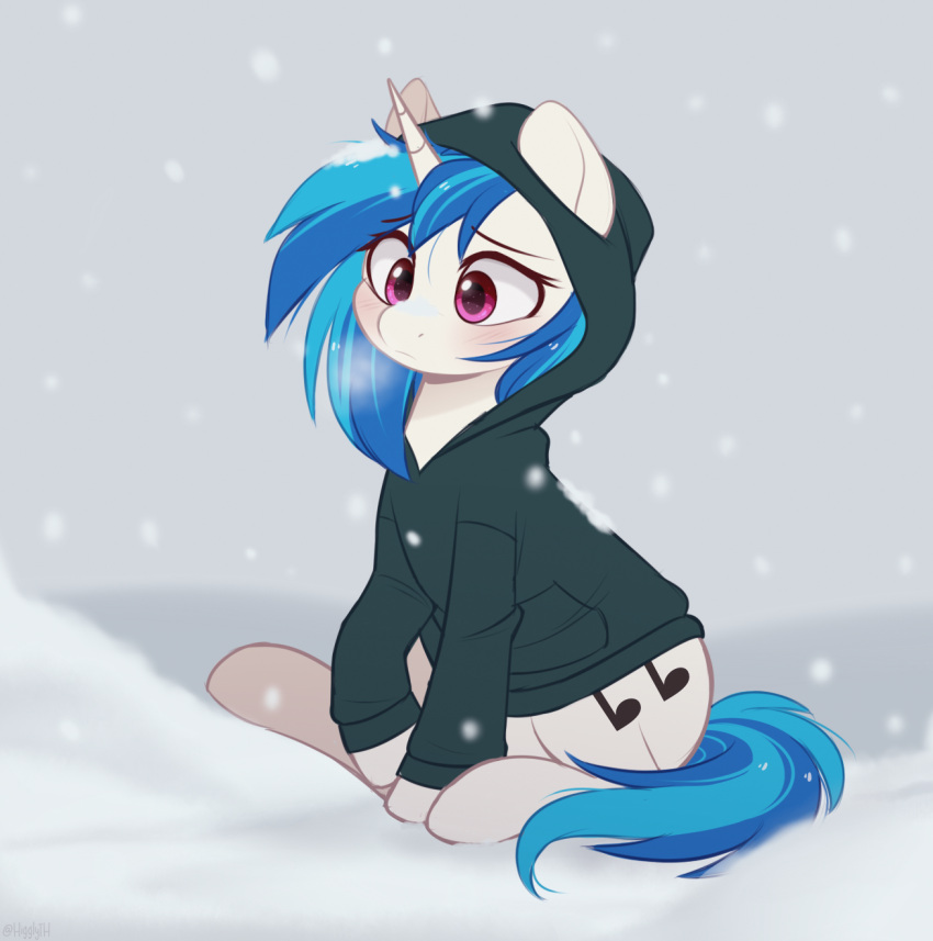 animal black_hoodie blue_hair clothed_animal female higgly.town.hero highres hood hoodie horns long_hair my_little_pony my_little_pony:_friendship_is_magic no_humans outdoors purple_eyes single_horn sitting snow snowing solo unicorn vinyl_scratch white_fur