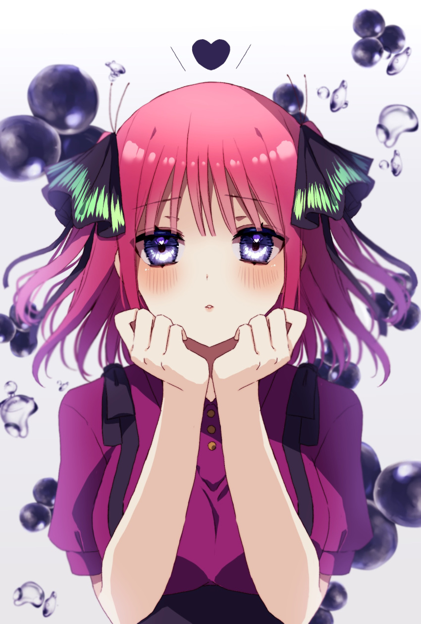 black_ribbon blunt_bangs blush breasts butterfly_hair_ornament dot_nose female floating_hair go-toubun_no_hanayome gradient_background grey_background hair_ornament hands_up heart heart_in_eye highres incoming_kiss large_breasts looking_at_viewer medium_hair nakano_nino parted_lips pink_hair puffy_short_sleeves puffy_sleeves purple_eyes ribbon short_sleeves solo symbol_in_eye upper_body water_drop xx_momomo_xx