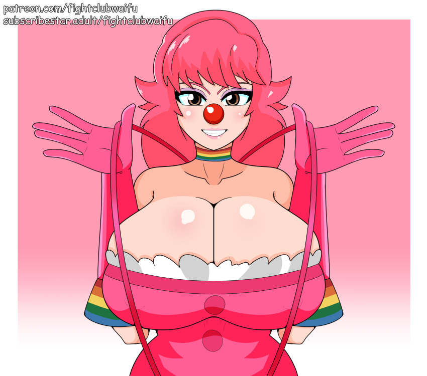 1girls alternate_breast_size alternate_version_available brown_eyes clown clown_girl female female_only fightclubwaifu geiru_toneido gyakuten_saiban huge_breasts large_breasts pink_hair pulling_clothing self_upload simple_background solo suspenders