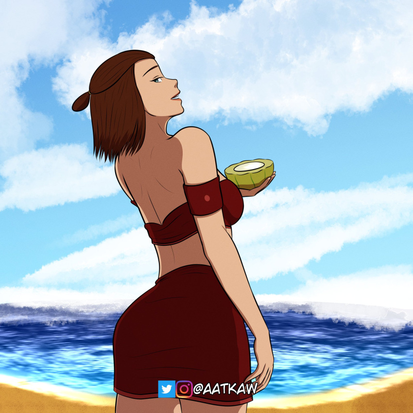 aatkaw alcohol arched_back artist_name ass avatar_the_last_airbender back back_view backboob beach bracelet breasts cactus_juice earth_kingdom fire_nation_clothing green_eyes looking_at_viewer medium_breasts open_mouth short_hair smile smiling suki summer sun swimsuit