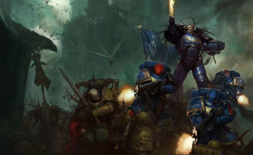 6+boys adeptus_astartes armor armor_of_fate_(warhammer) battle bird blonde_hair blue_armor bug chaos_(warhammer) chaos_space_marine commentary death_guard eagle emperor's_sword_(warhammer) english_commentary firing full_armor halo highres holding holding_bolter igor_sid imperial_aquila imperium_of_man laurel_crown male_focus mechanical_halo multiple_boys official_art outdoors pauldrons plague_marine power_armor primarch purity_seal red_eyes roboute_guilliman rot_fly short_hair shoulder_armor solo_focus standing ultramarines warhammer_40k waving_flag