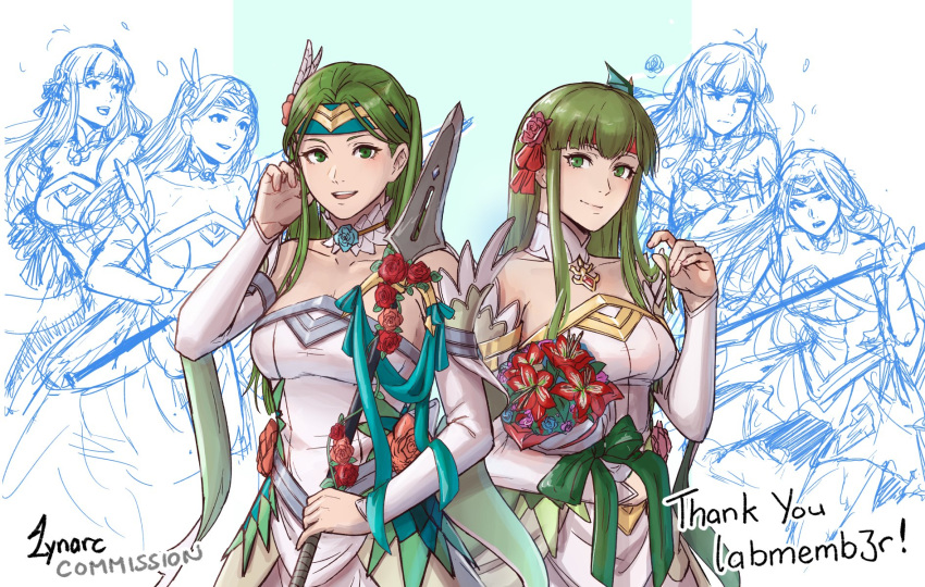 2girls alternate_costume bouquet cm_lynarc collarbone commentary commission english_commentary fire_emblem fire_emblem:_mystery_of_the_emblem fire_emblem:_the_sacred_stones fire_emblem_heroes green_eyes green_hair headband highres holding holding_bouquet holding_polearm holding_weapon long_hair multiple_girls palla_(fire_emblem) polearm red_headband sketch_inset spear syrene_(fire_emblem) thank_you weapon