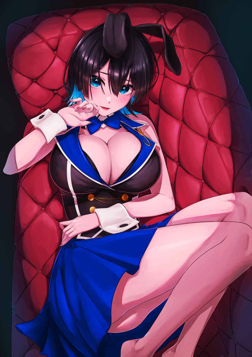 absurdres aduti_momoyama animal_ears arm_across_waist ass bare_shoulders barefoot black_hair black_vest blue_bow blue_bowtie blue_collar blue_eyes blue_hair blue_skirt bow bowtie breasts bunny_garden buttons cleavage collar colored_inner_hair couch double-breasted fake_animal_ears female from_above hair_between_eyes highres hostess large_breasts legs looking_at_viewer lying miniskirt miuka_(bunny_garden) multicolored_hair nontraditional_playboy_bunny on_back parted_lips pink_nails pleated_skirt plunging_neckline rabbit_ears short_hair skirt solo two-tone_hair vest wrist_cuffs