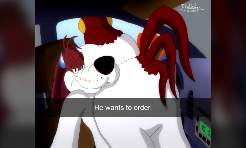 5:3 anthro ass avian avian_butt barnyard_dawg basset_hound big_butt bird blush bodily_fluids canid canine canis car_interior chicken domestic_dog duo english_text feathers foghorn_leghorn galliform gallus_(genus) he_wants_to_order hi_res hunting_dog looney_tunes male mammal meme phasianid rafael-arts scent_hound selfie sweat sweatdrop tail tail_feathers text vehicle warner_brothers